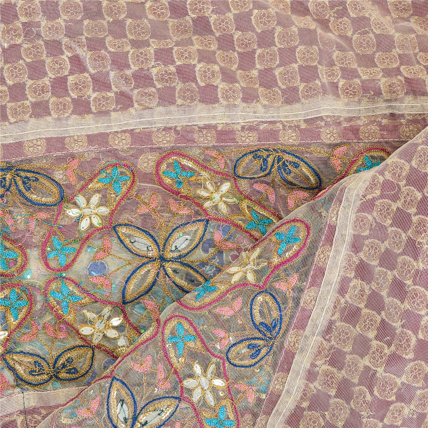 Sanskriti Vintage Pink Dupatta Net Mesh Stole Hand Beaded Woven Zari Scarves