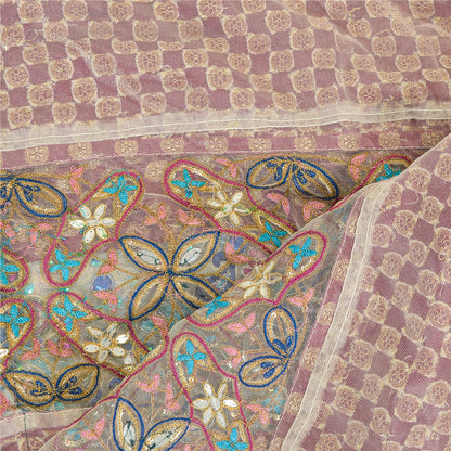 Sanskriti Vintage Pink Dupatta Net Mesh Stole Hand Beaded Woven Zari Scarves