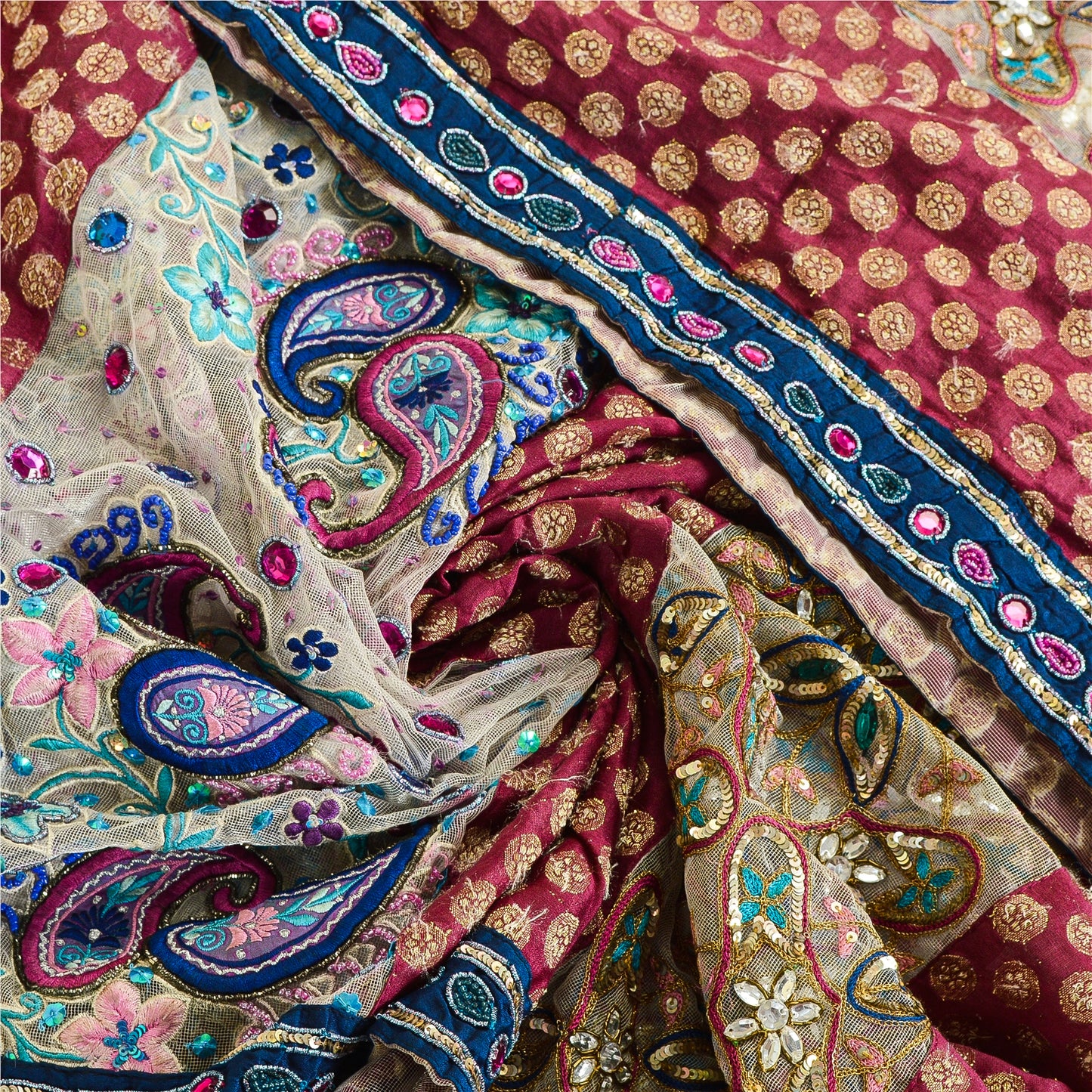 Sanskriti Vintage Pink Dupatta Net Mesh Stole Hand Beaded Woven Zari Scarves