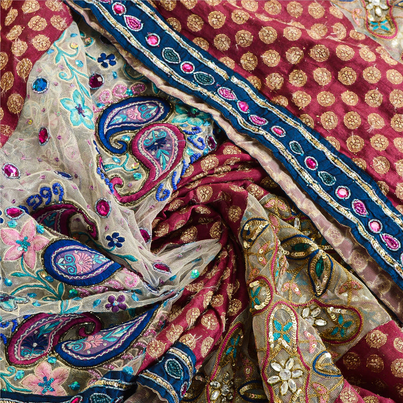 Sanskriti Vintage Pink Dupatta Net Mesh Stole Hand Beaded Woven Zari Scarves