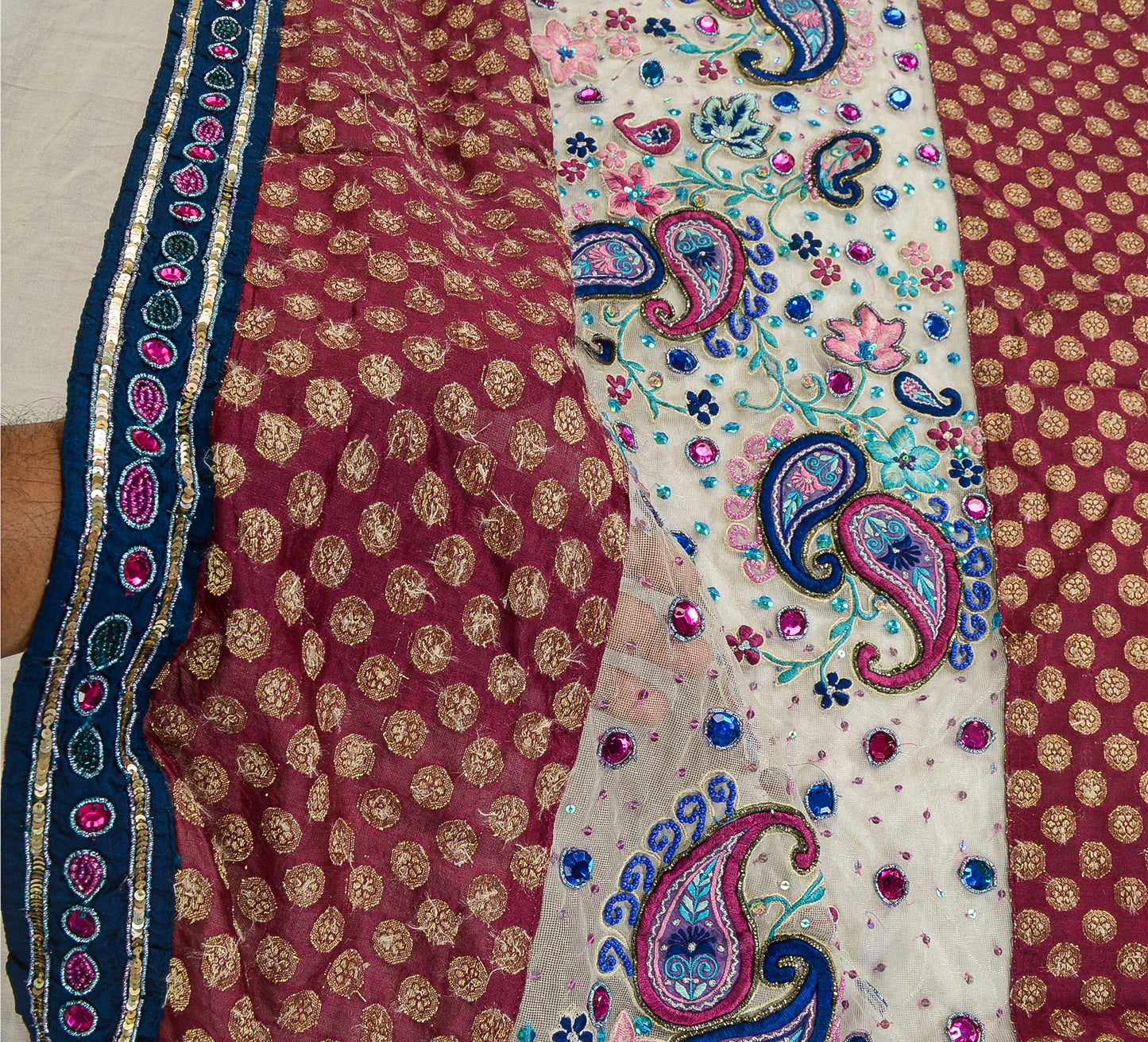 Sanskriti Vintage Pink Dupatta Net Mesh Stole Hand Beaded Woven Zari Scarves