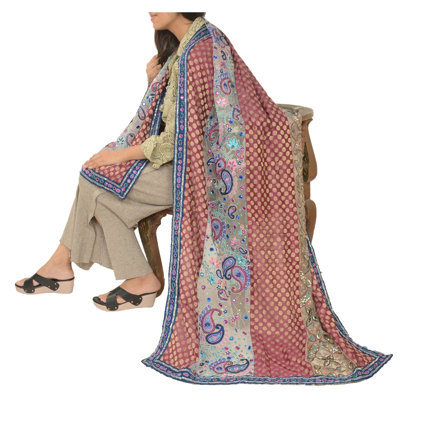 Sanskriti Vintage Pink Dupatta Net Mesh Stole Hand Beaded Woven Zari Scarves
