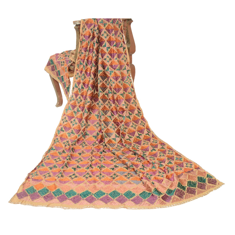 Sanskriti Vintage Cream Dupatta Cotton Hand Embroidery Bagh Phulkari Ooak Stole From Himachal Panjab Of India Textile Heritage