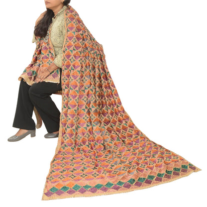 Sanskriti Vintage Cream Dupatta Cotton Hand Embroidery Bagh Phulkari Ooak Stole From Himachal Panjab Of India Textile Heritage
