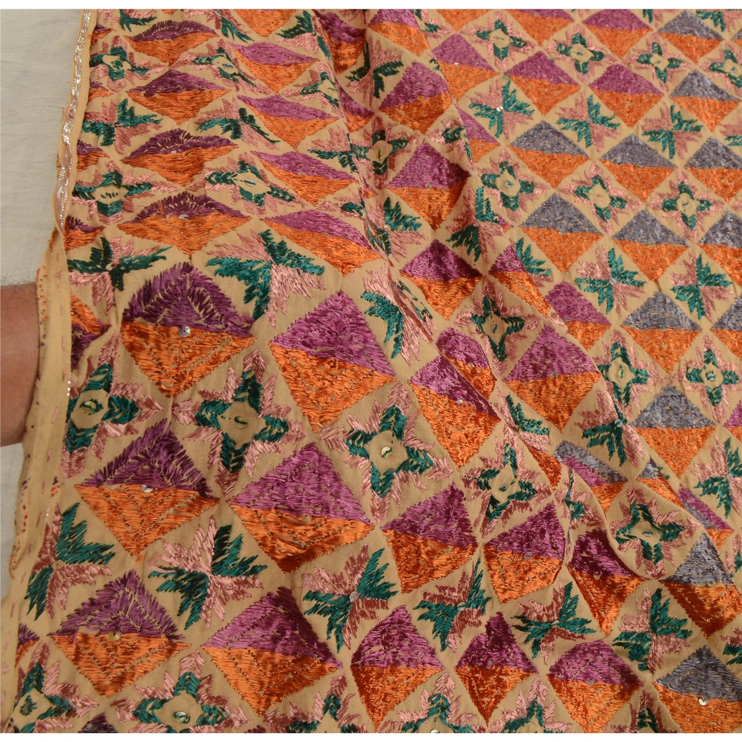 Sanskriti Vintage Cream Dupatta Cotton Hand Embroidery Bagh Phulkari Ooak Stole From Himachal Panjab Of India Textile Heritage