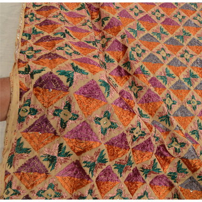 Sanskriti Vintage Cream Dupatta Cotton Hand Embroidery Bagh Phulkari Ooak Stole From Himachal Panjab Of India Textile Heritage