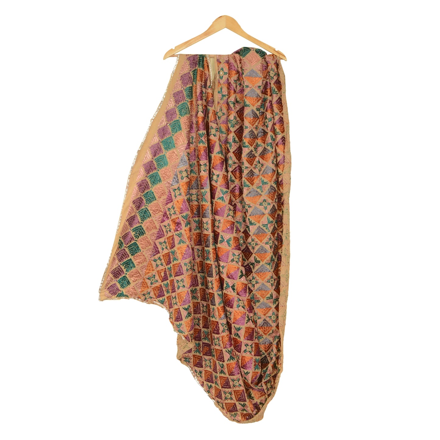 Sanskriti Vintage Cream Dupatta Cotton Hand Embroidery Bagh Phulkari Ooak Stole From Himachal Panjab Of India Textile Heritage