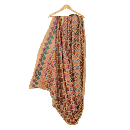 Sanskriti Vintage Cream Dupatta Cotton Hand Embroidery Bagh Phulkari Ooak Stole From Himachal Panjab Of India Textile Heritage