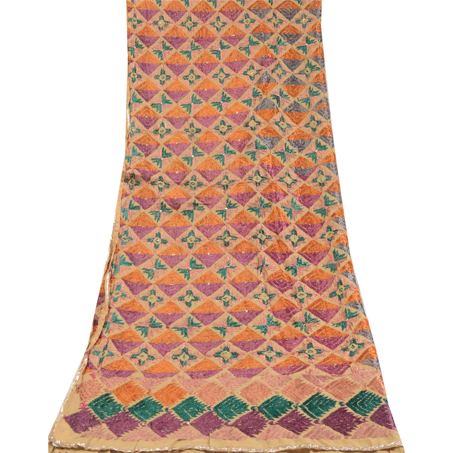 Sanskriti Vintage Cream Dupatta Cotton Hand Embroidery Bagh Phulkari Ooak Stole From Himachal Panjab Of India Textile Heritage