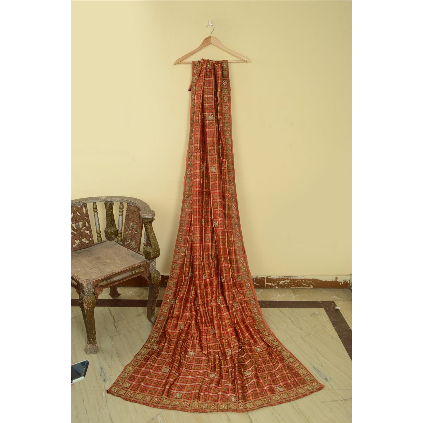 Sanskriti Vintage Red Pure Silk Dupatta Fabric Hand Embroidered Zardozi Woven Wedding Stole Create Dresses, Kaftan, Skirt, Tops, Projects