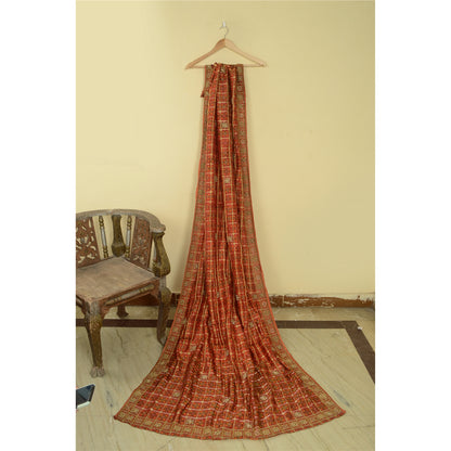 Sanskriti Vintage Red Pure Silk Dupatta Fabric Hand Embroidered Zardozi Woven Wedding Stole Create Dresses, Kaftan, Skirt, Tops, Projects