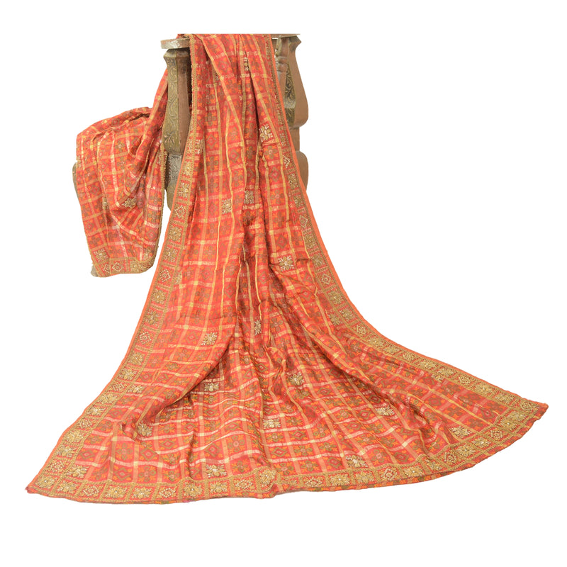 Sanskriti Vintage Red Pure Silk Dupatta Fabric Hand Embroidered Zardozi Woven Wedding Stole Create Dresses, Kaftan, Skirt, Tops, Projects