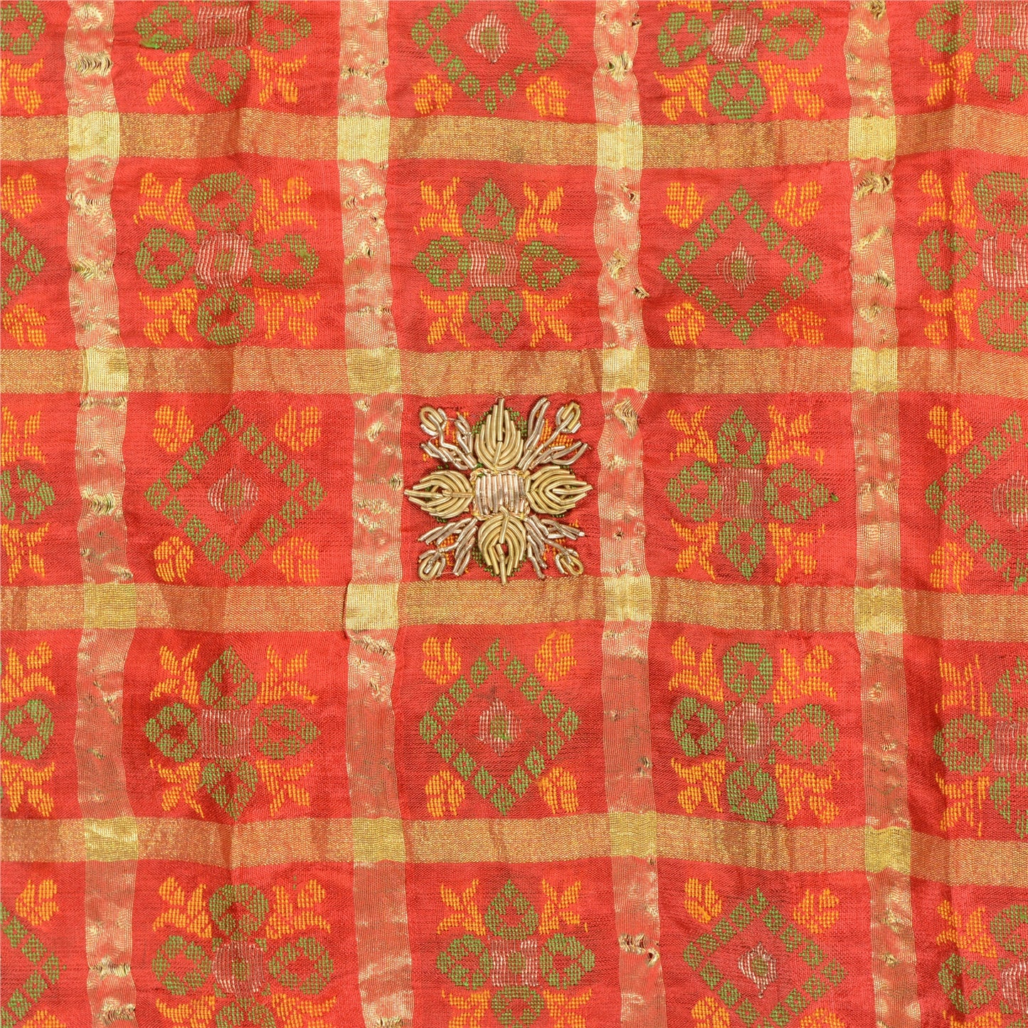 Sanskriti Vintage Red Pure Silk Dupatta Fabric Hand Embroidered Zardozi Woven Wedding Stole Create Dresses, Kaftan, Skirt, Tops, Projects