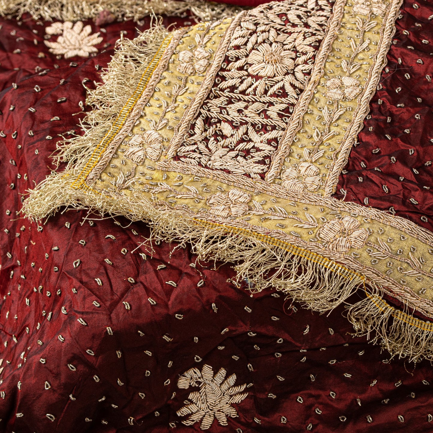 Sanskriti Vintage Maroon Pure Silk Dupatta Hand Embroidered Zardozi Neck Stole