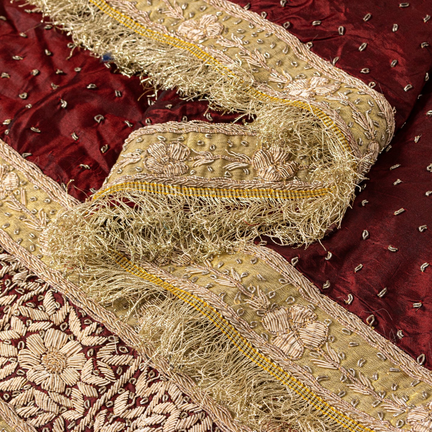 Sanskriti Vintage Maroon Pure Silk Dupatta Hand Embroidered Zardozi Neck Stole