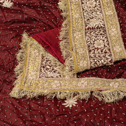 Sanskriti Vintage Maroon Pure Silk Dupatta Hand Embroidered Zardozi Neck Stole