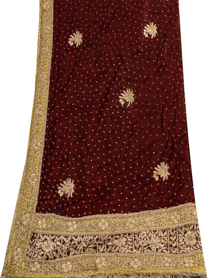 Sanskriti Vintage Maroon Pure Silk Dupatta Hand Embroidered Zardozi Neck Stole