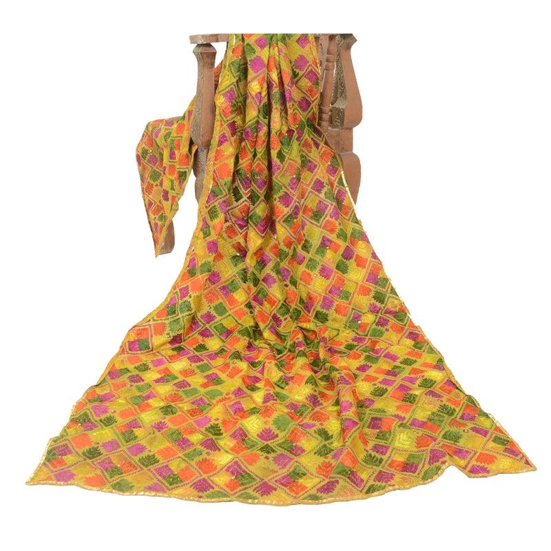 Sanskriti Vintage Green Dupatta Pure Cotton Handmade Ooak Bagh Phulkari Of Panjab Stole For Dressmaking,Craft Supplies,Upcyclers,Decor