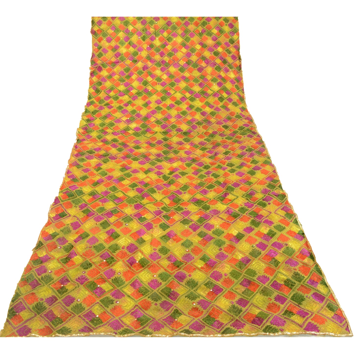 Sanskriti Vintage Green Dupatta Pure Cotton Handmade OOAK Bagh Phulkari Stole
