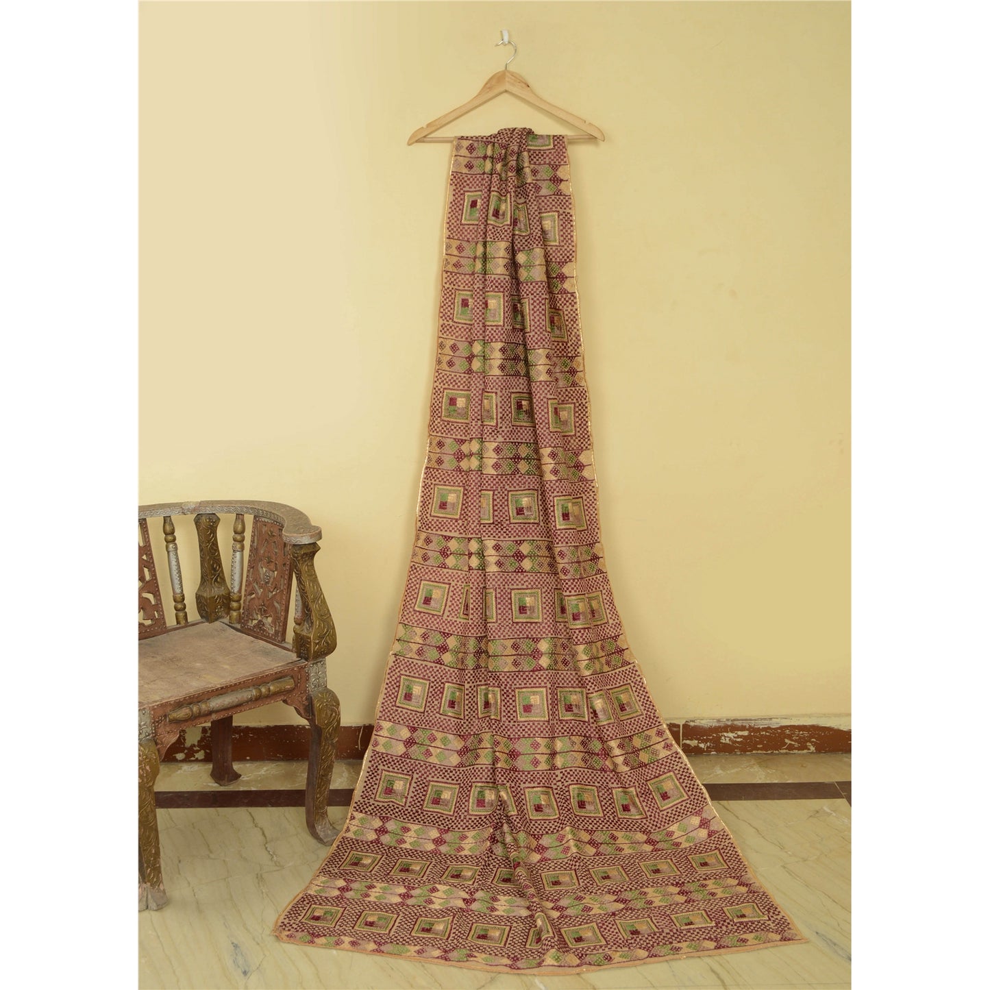 Sanskriti Vintage Cream Dupatta Pure Cotton Embroidery Bagh Phulkari OOAK Stole