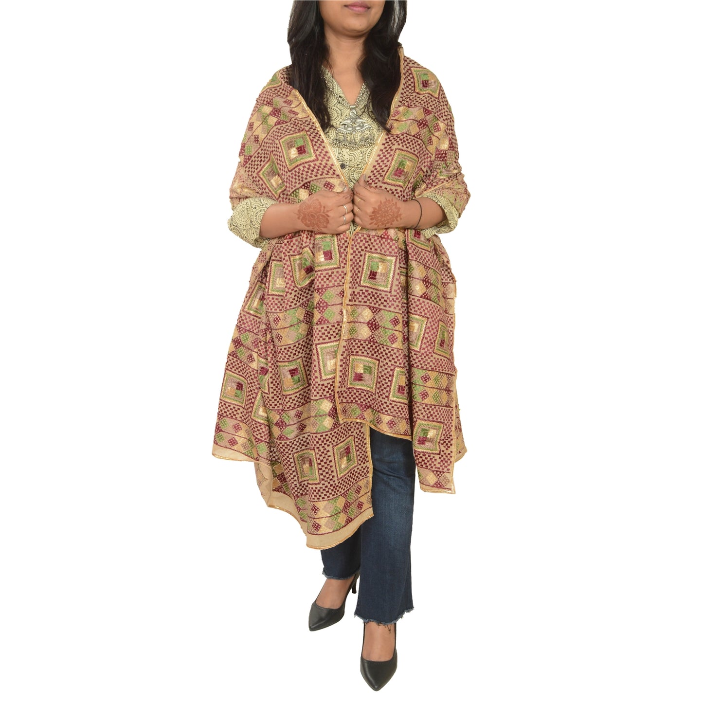 Sanskriti Vintage Cream Dupatta Pure Cotton Embroidery Bagh Phulkari OOAK Stole