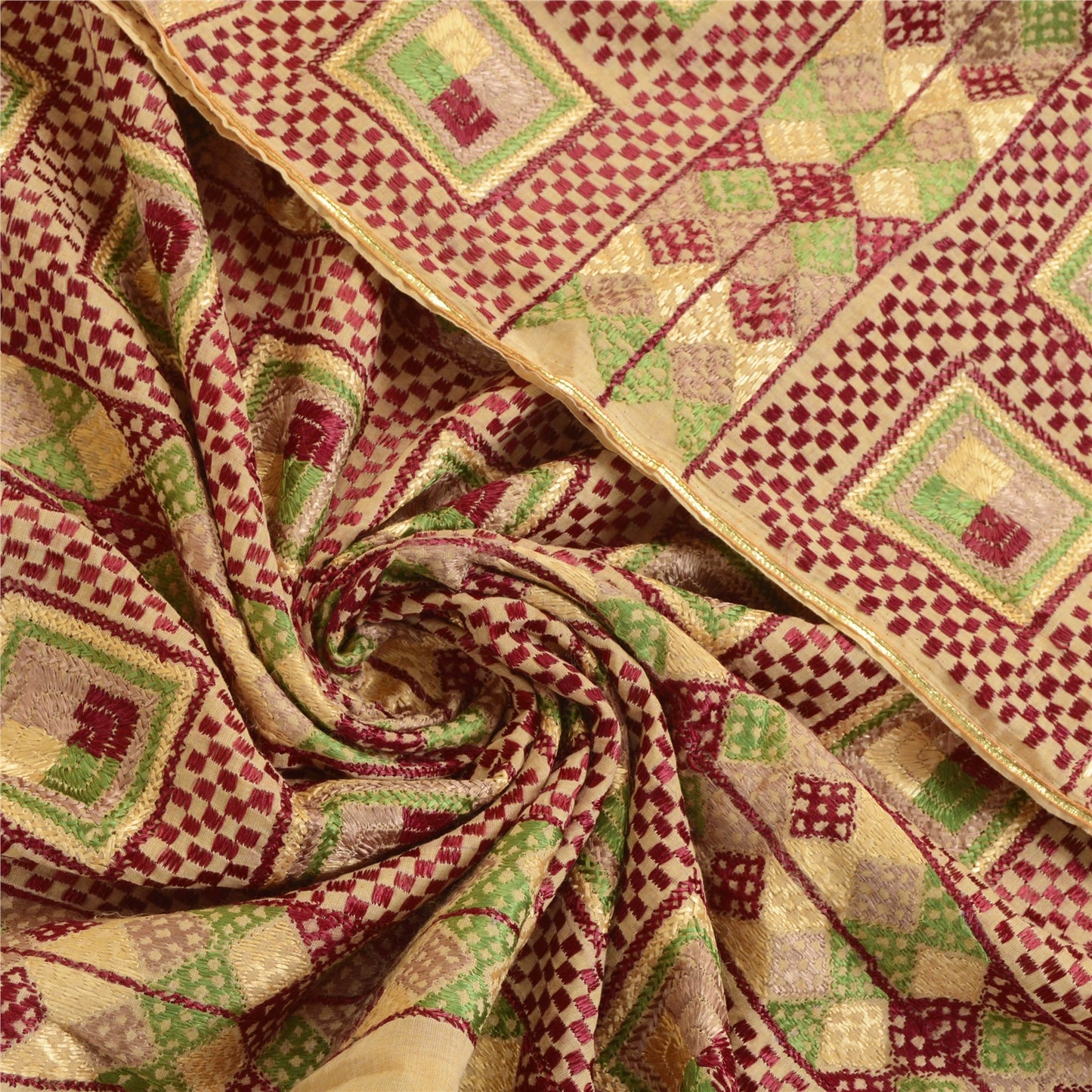 Sanskriti Vintage Cream Dupatta Pure Cotton Embroidery Bagh Phulkari OOAK Stole
