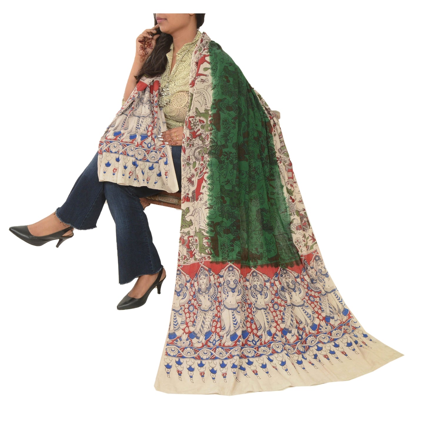 Sanskriti Vintage Green Dupatta Pure Cotton Printed Pattachitra Special Stole