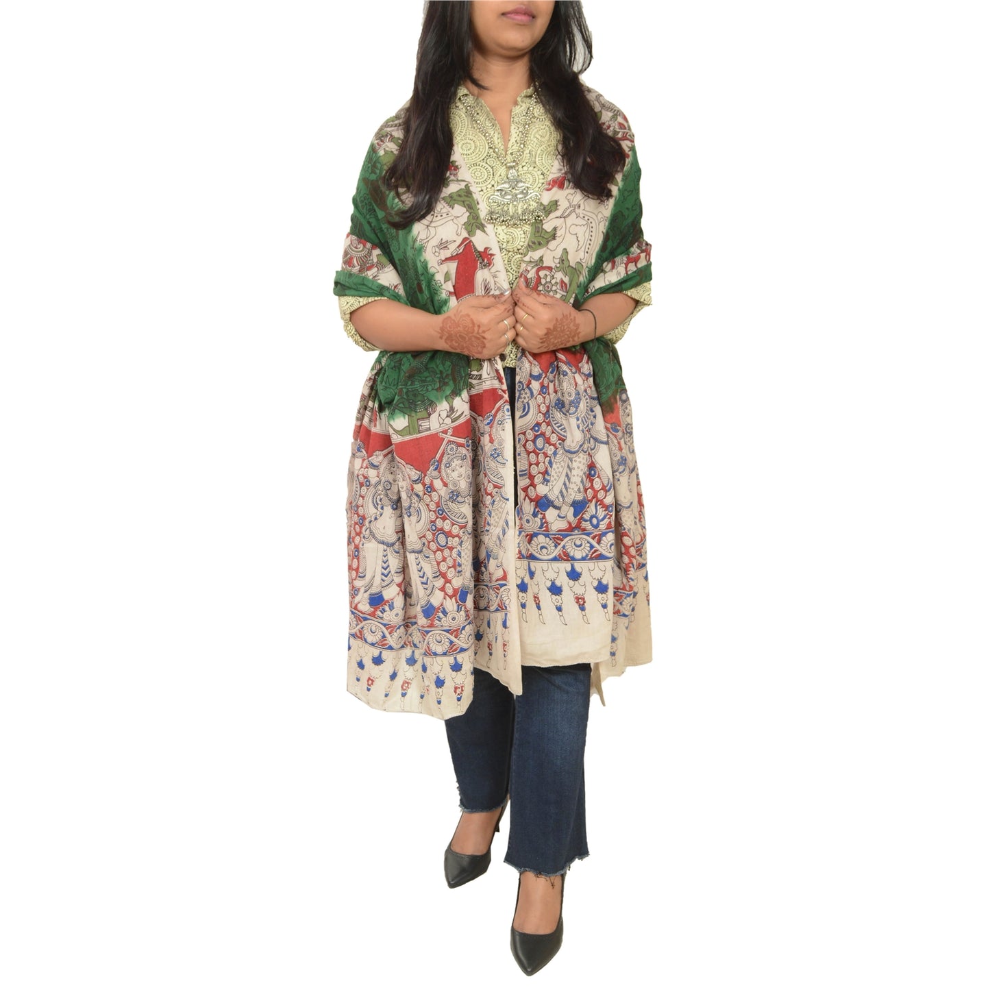 Sanskriti Vintage Green Dupatta Pure Cotton Printed Pattachitra Special Stole