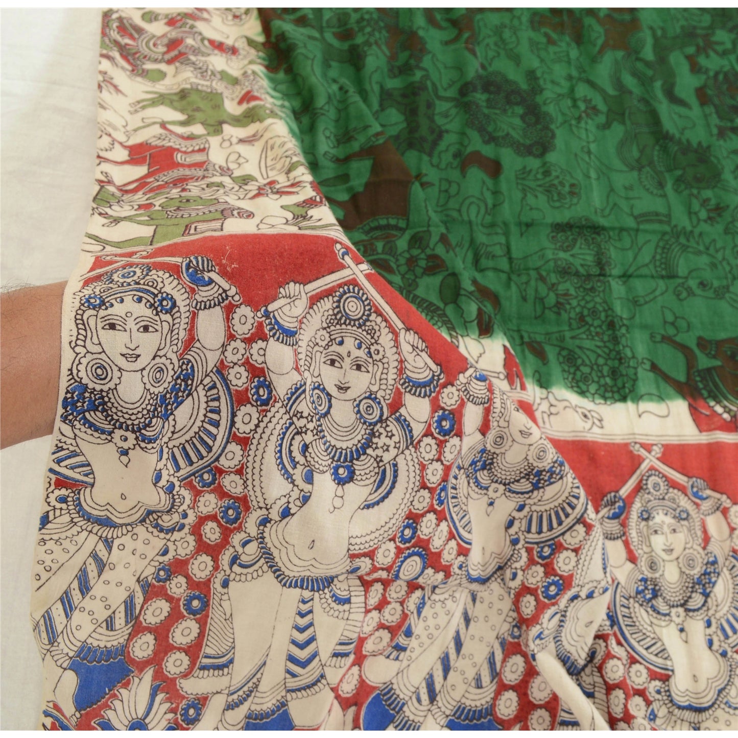 Sanskriti Vintage Green Dupatta Pure Cotton Printed Pattachitra Special Stole