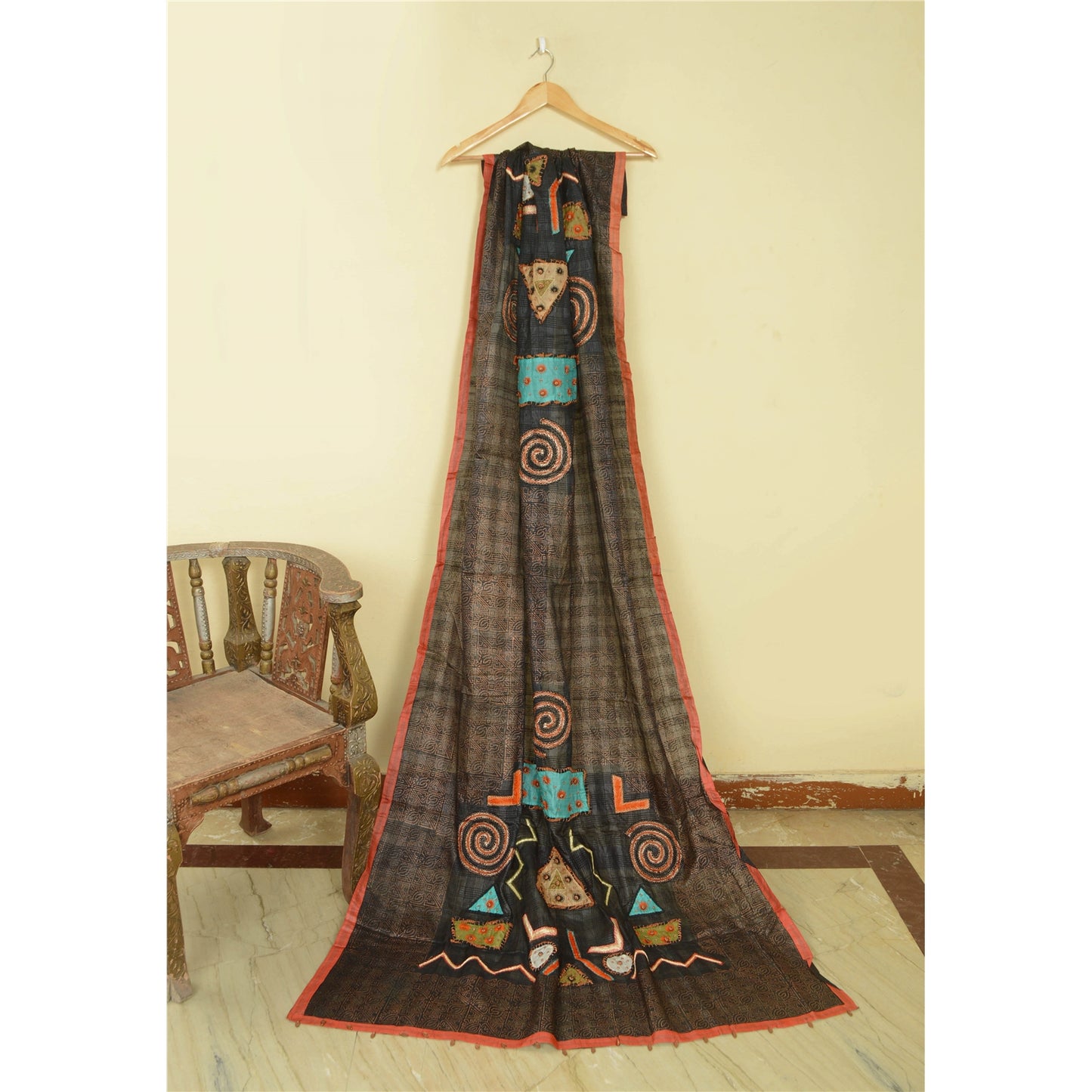 Sanskriti Vintage Black Pure Silk Dupatta Hand Beaded Patch Painted Wrap Stole Crafting, Upcycling, Recycling, Dress Making, Upcycling,