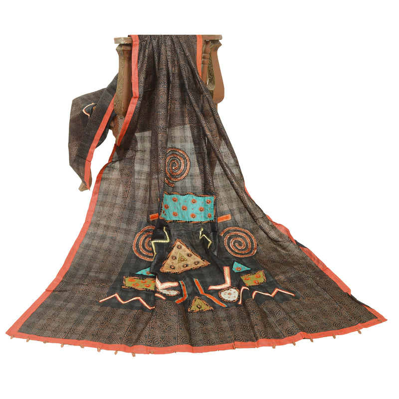 Sanskriti Vintage Black Pure Silk Dupatta Hand Beaded Patch Painted Wrap Stole Crafting, Upcycling, Recycling, Dress Making, Upcycling,