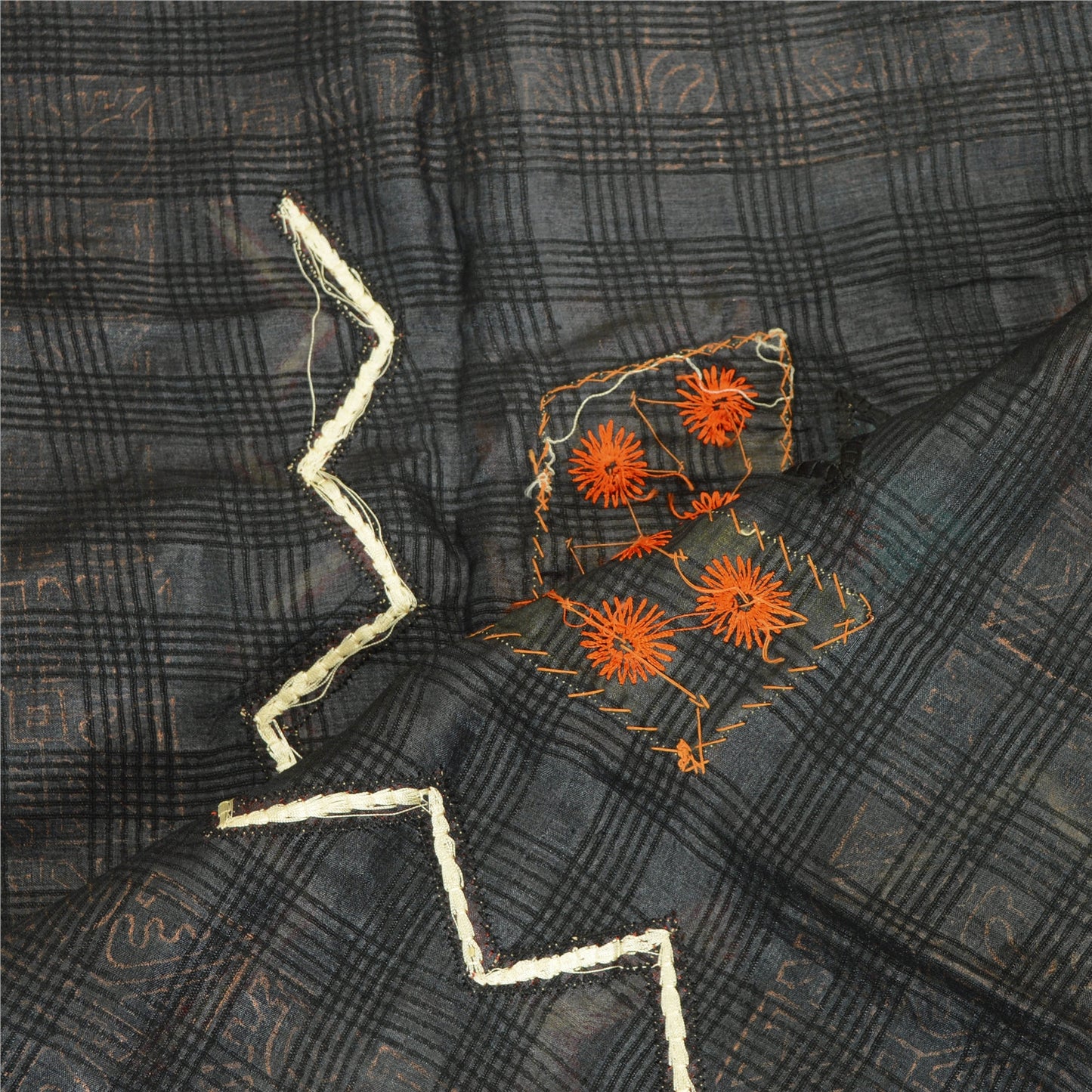 Sanskriti Vintage Black Dupatta Pure Silk Hand Beaded Patch Painted Wrap Stole