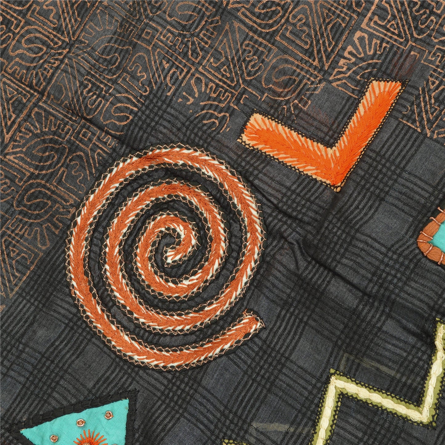 Sanskriti Vintage Black Pure Silk Dupatta Hand Beaded Patch Painted Wrap Stole Crafting, Upcycling, Recycling, Dress Making, Upcycling,