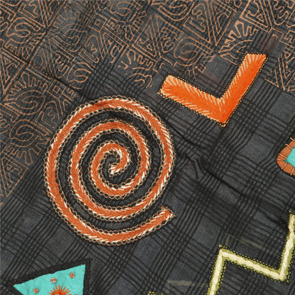 Sanskriti Vintage Black Pure Silk Dupatta Hand Beaded Patch Painted Wrap Stole Crafting, Upcycling, Recycling, Dress Making, Upcycling,