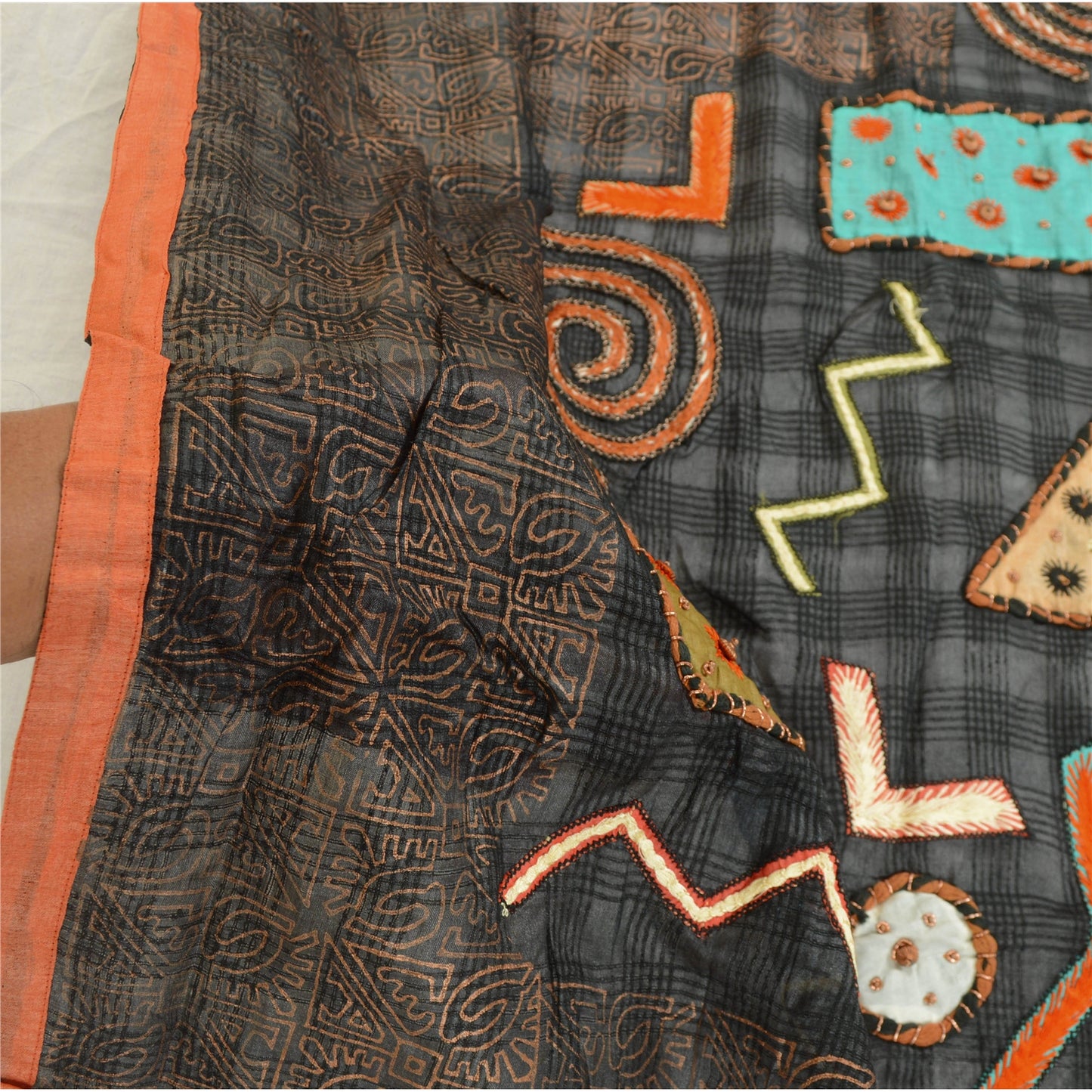 Sanskriti Vintage Black Dupatta Pure Silk Hand Beaded Patch Painted Wrap Stole