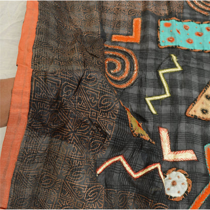 Sanskriti Vintage Black Dupatta Pure Silk Hand Beaded Patch Painted Wrap Stole