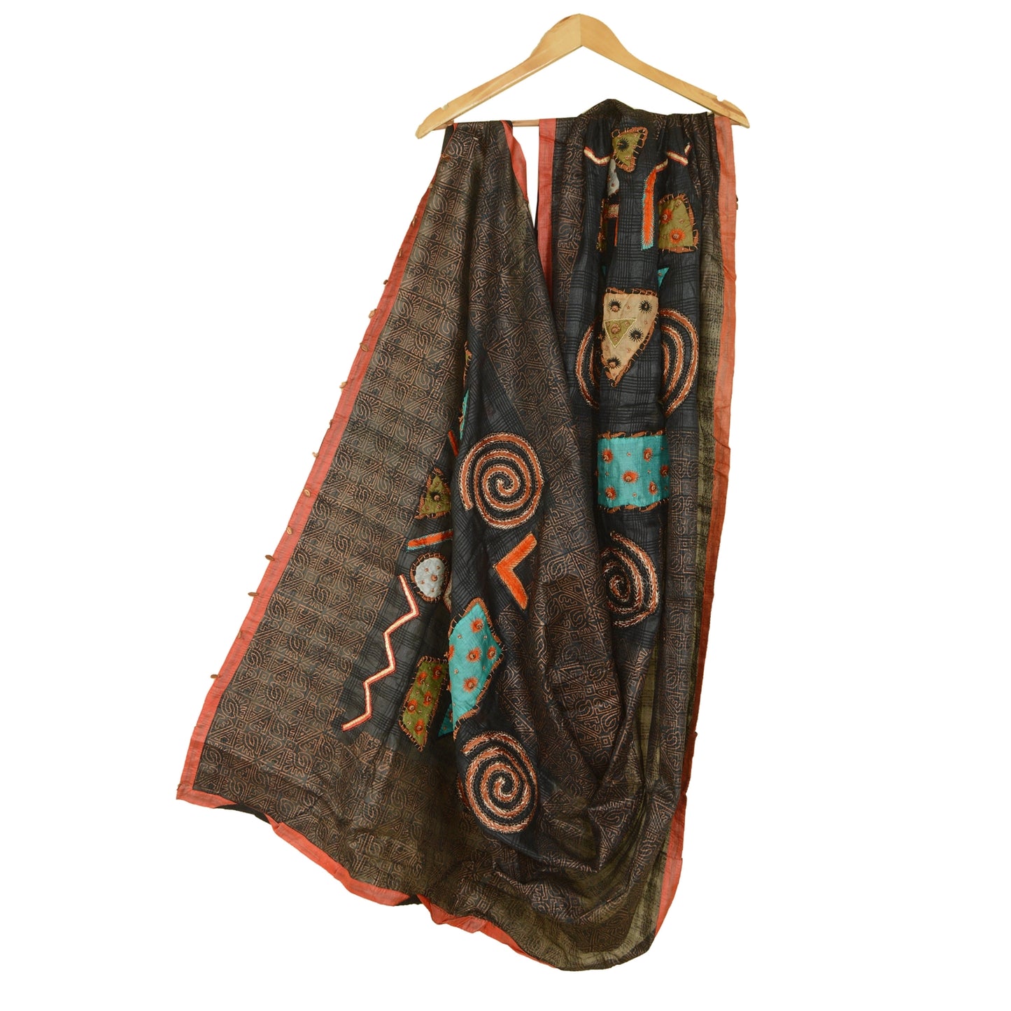 Sanskriti Vintage Black Pure Silk Dupatta Hand Beaded Patch Painted Wrap Stole Crafting, Upcycling, Recycling, Dress Making, Upcycling,