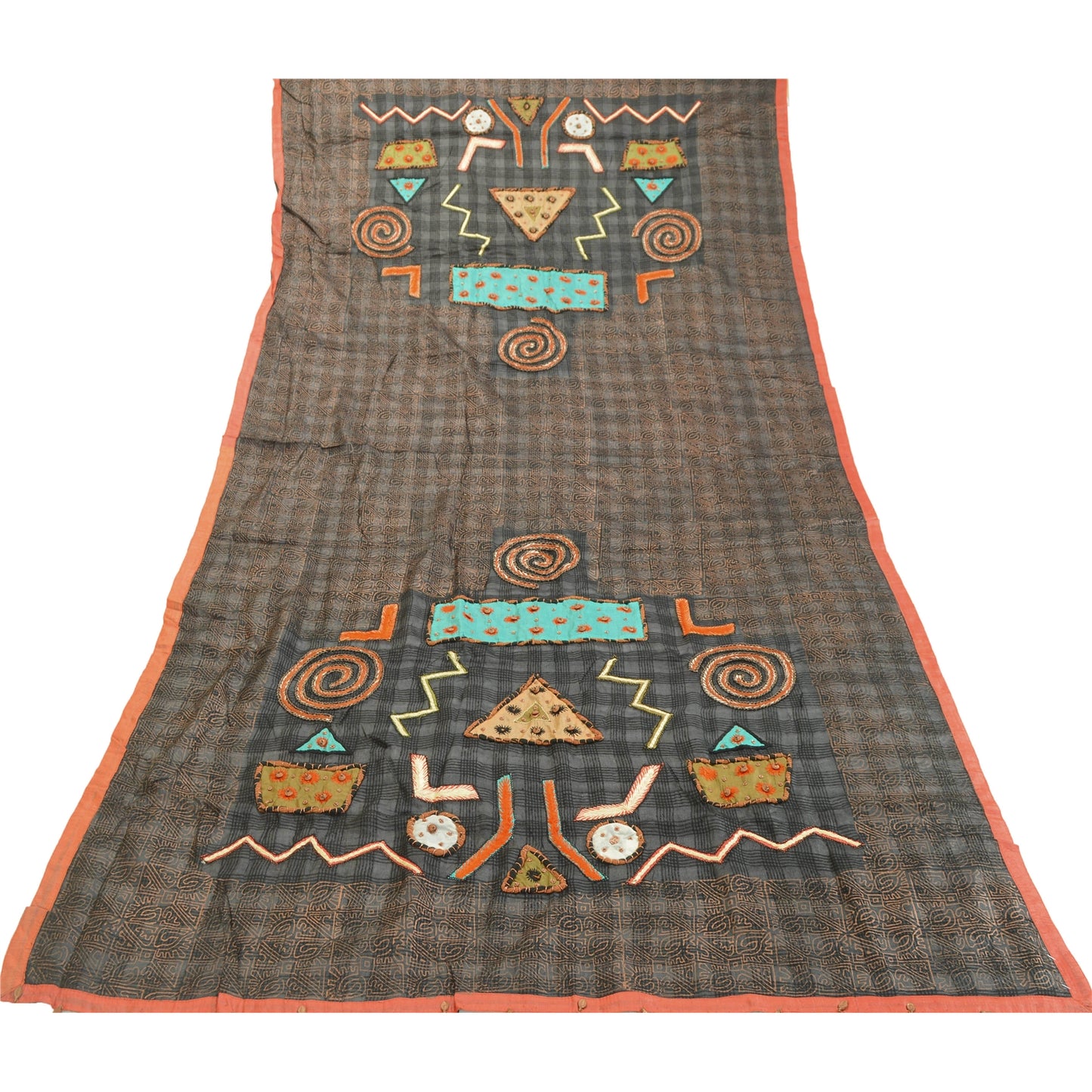 Sanskriti Vintage Black Dupatta Pure Silk Hand Beaded Patch Painted Wrap Stole