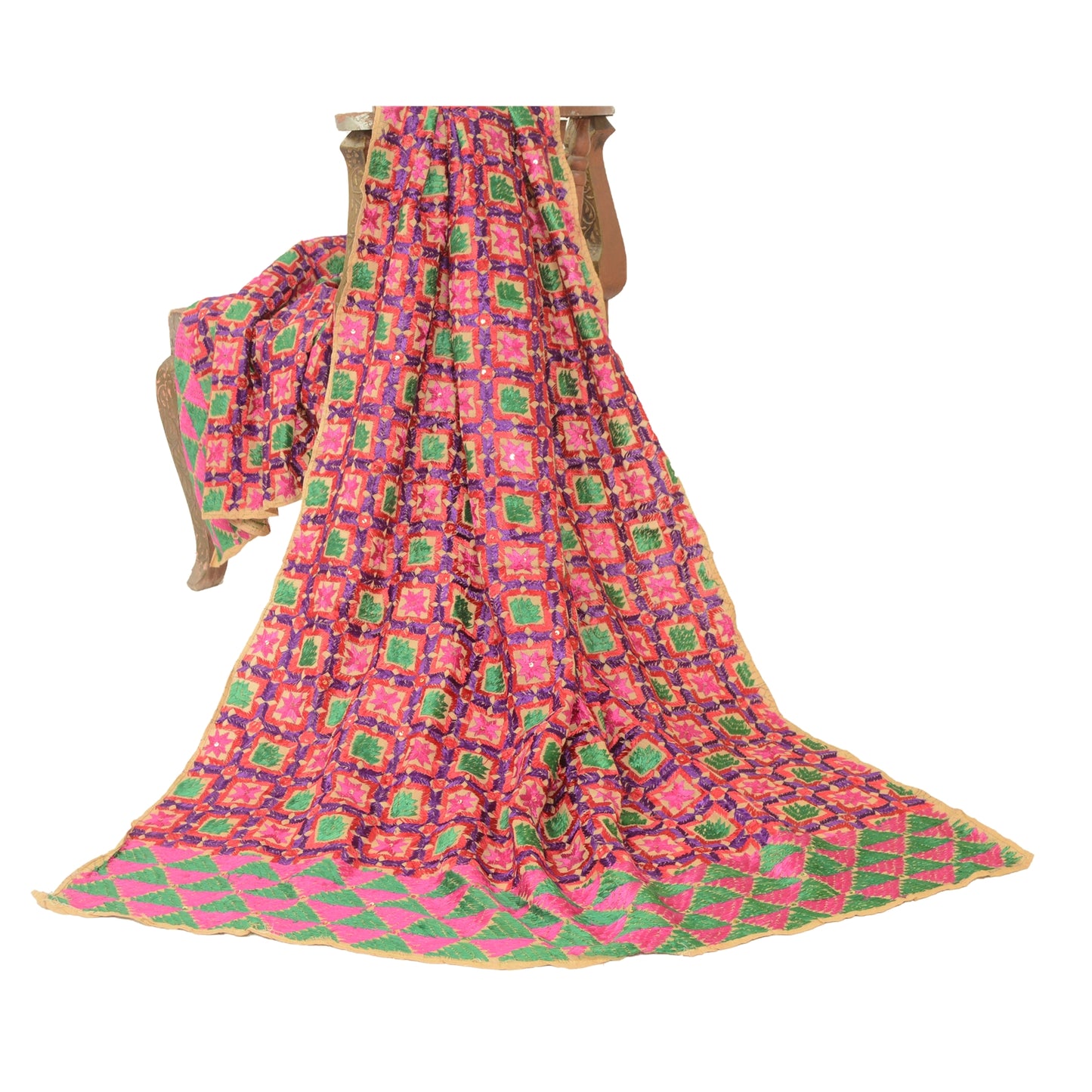 Sanskriti Vintage Green Heavy Dupatta Cotton Hand Embroidery Bagh Phulkari Panjab Stole Indian Heritage Textile Women Traditional Dress