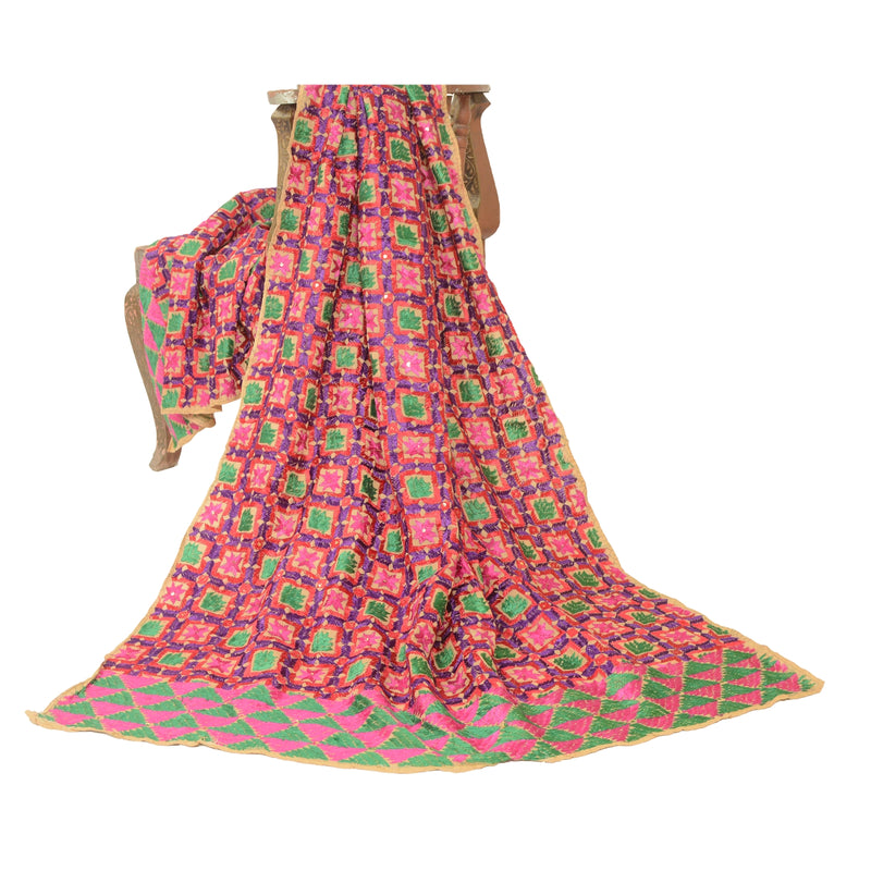Sanskriti Vintage Green Heavy Dupatta Cotton Hand Embroidery Bagh Phulkari Panjab Stole Indian Heritage Textile Women Traditional Dress
