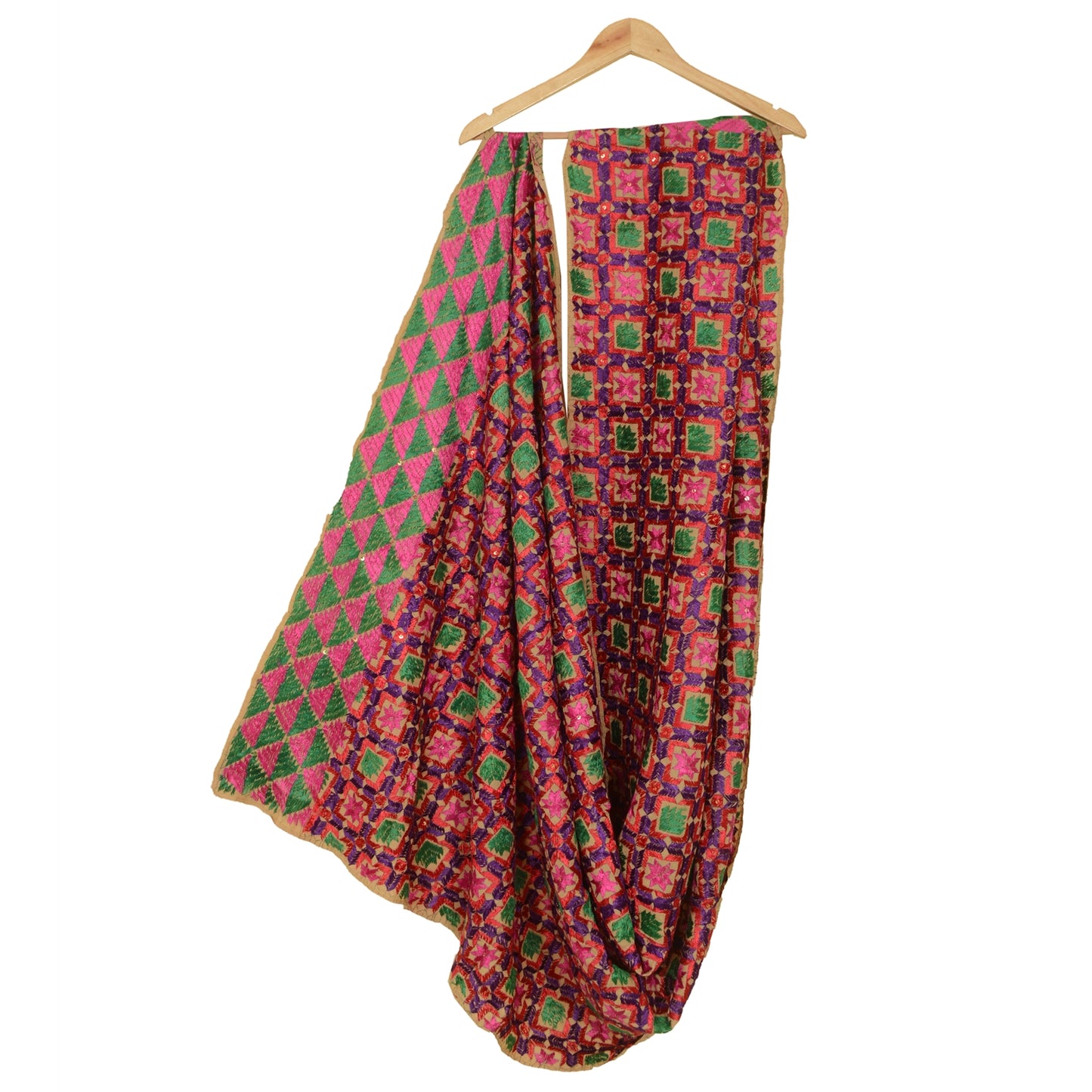 Sanskriti Vintage Green Heavy Dupatta Cotton Hand Embroidery Bagh Phulkari Panjab Stole Indian Heritage Textile Women Traditional Dress
