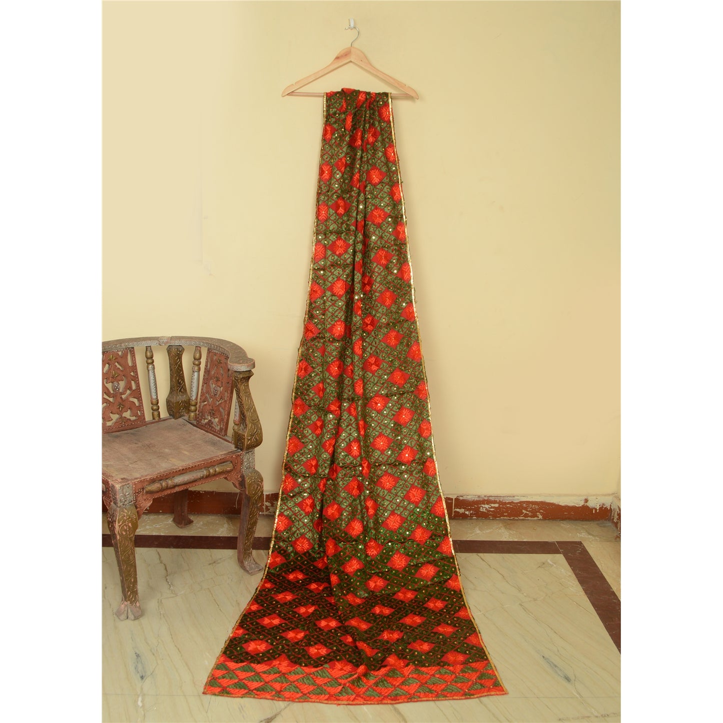 Sanskriti Vintage Red Dupatta Pure Cotton Handmade Bagh Phulkari Panjab Ooak Stole Neckscarf Long Headscarf Handmade Ethnic Women Wrap