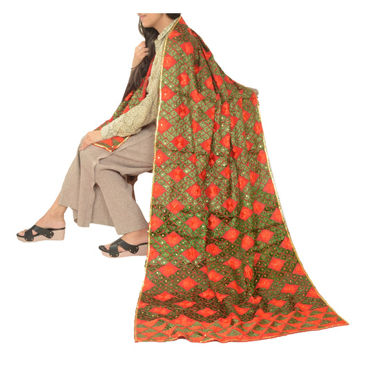 Sanskriti Vintage Red Dupatta Pure Cotton Handmade Bagh Phulkari OOAK Stole