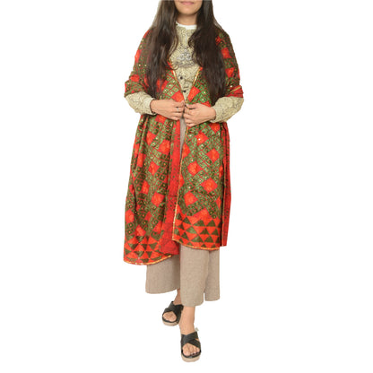 Sanskriti Vintage Red Dupatta Pure Cotton Handmade Bagh Phulkari Panjab Ooak Stole Neckscarf Long Headscarf Handmade Ethnic Women Wrap
