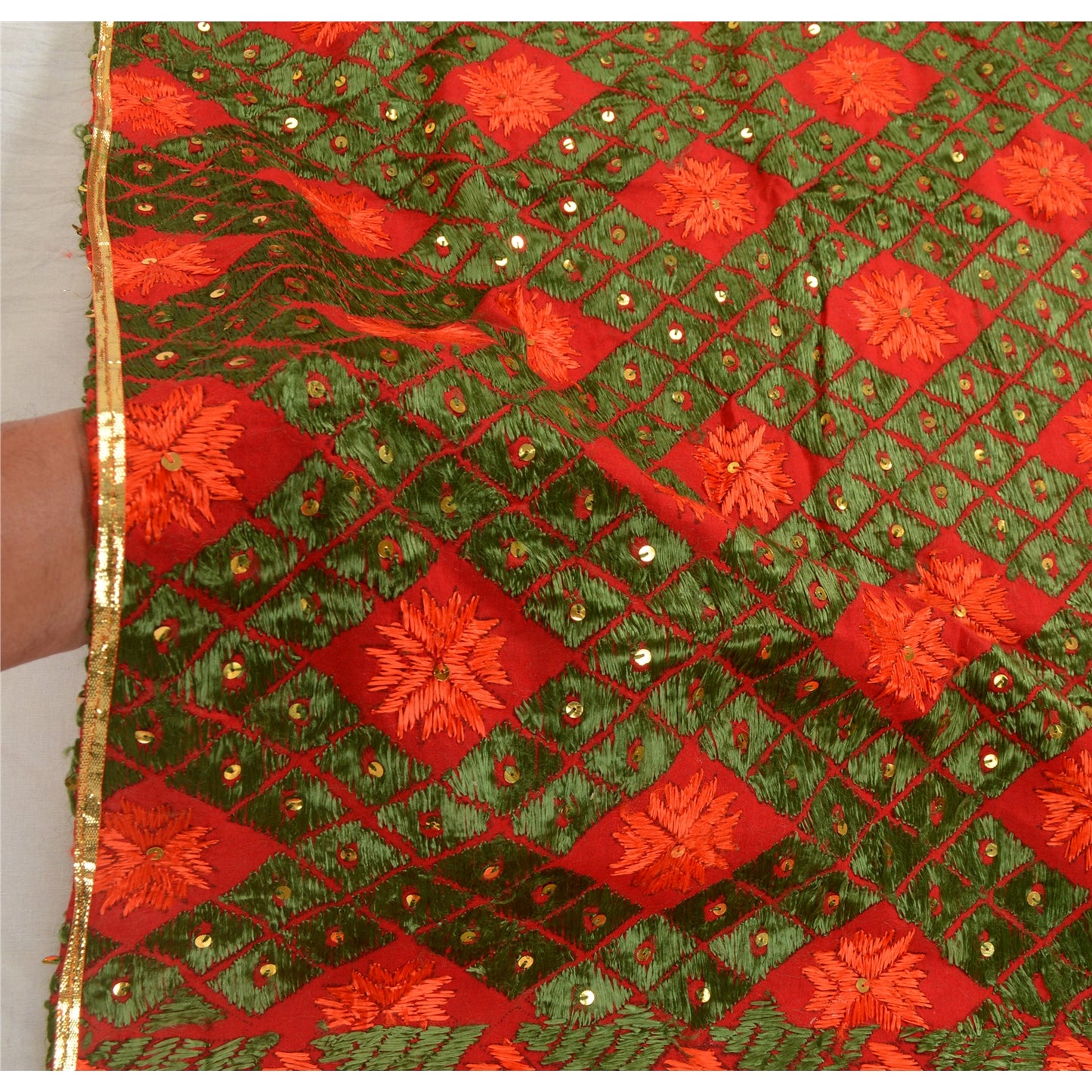 Sanskriti Vintage Red Dupatta Pure Cotton Handmade Bagh Phulkari Panjab Ooak Stole Neckscarf Long Headscarf Handmade Ethnic Women Wrap
