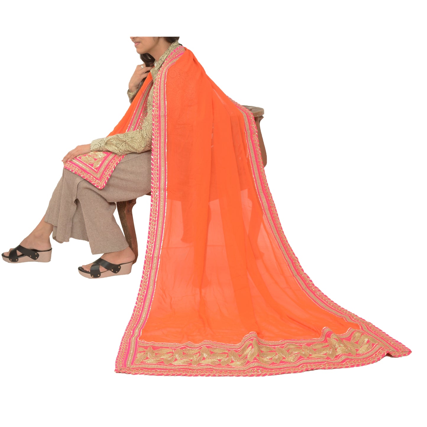 Sanskriti Vintage Orange Pure Georgette Silk Dupatta Hand Made Gota Patti Stone Create Dresses, Kaftan, Skirt, Tops, Projects, Home Decor,