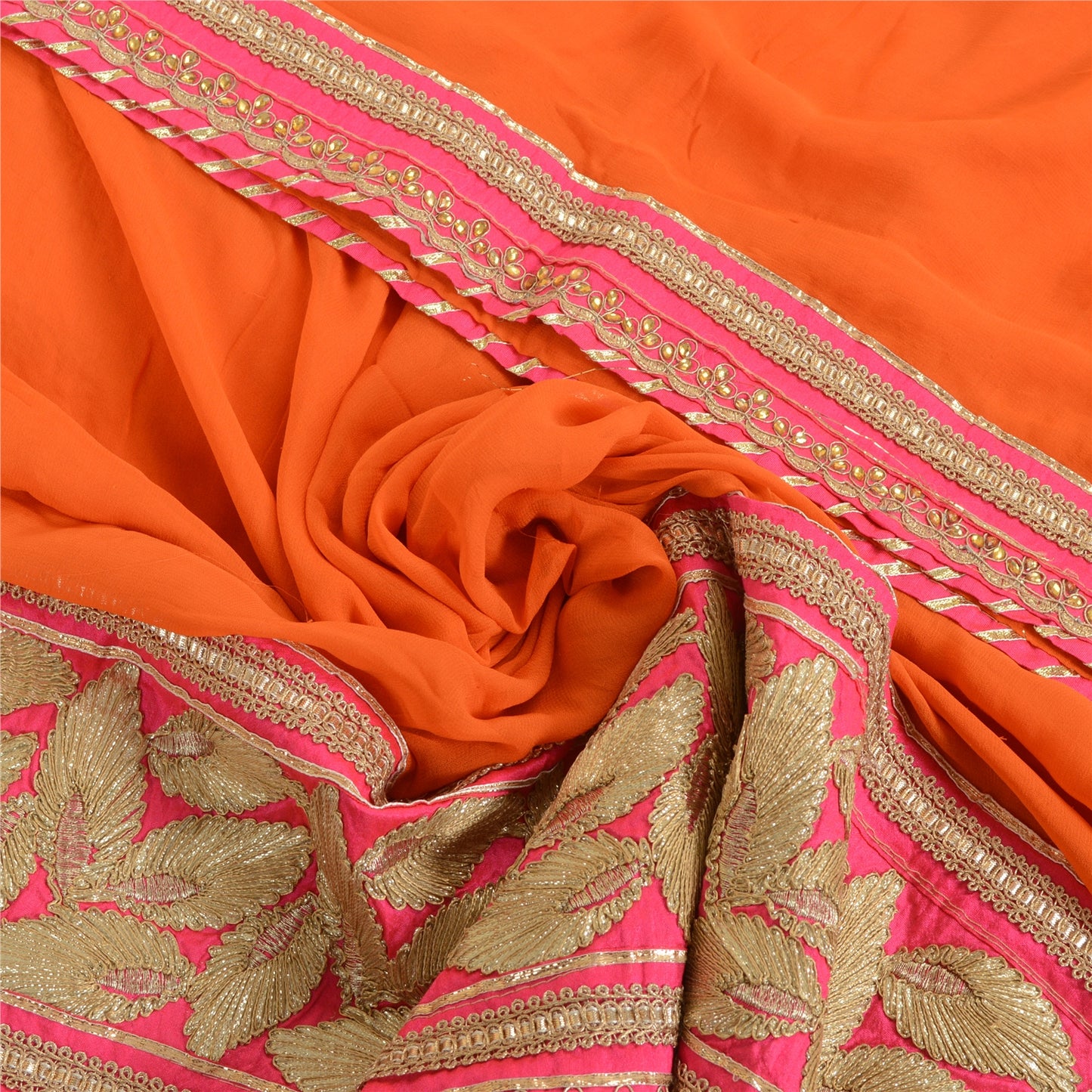 Sanskriti Vintage Orange Pure Georgette Silk Dupatta Hand Made Gota Patti Stone Create Dresses, Kaftan, Skirt, Tops, Projects, Home Decor,