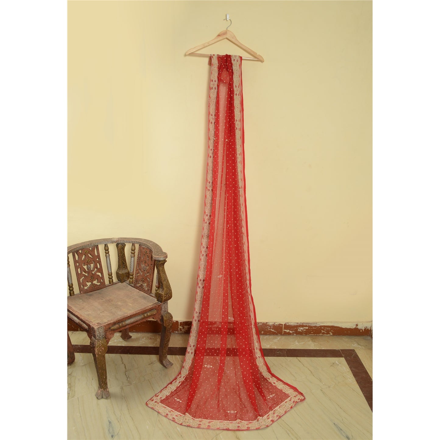 Sanskriti Vintage Red Dupatta Pure Chiffon Silk Hand Beaded Zardozi Stole