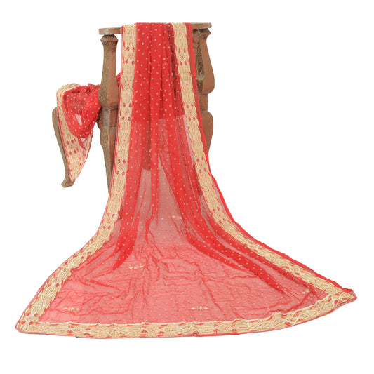 Sanskriti Vintage Red Dupatta Pure Chiffon Silk Hand Beaded Zardozi Stole