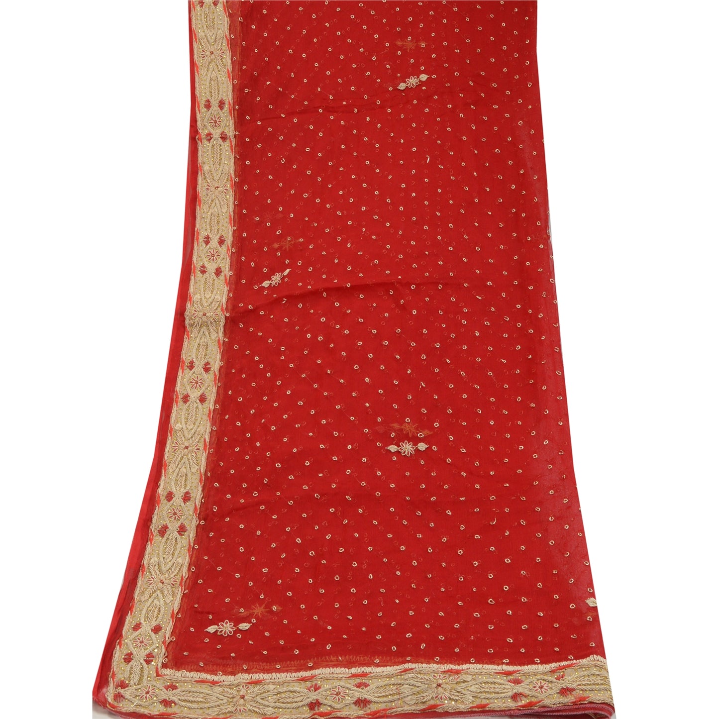 Sanskriti Vintage Red Dupatta Pure Chiffon Silk Hand Beaded Zardozi Stole